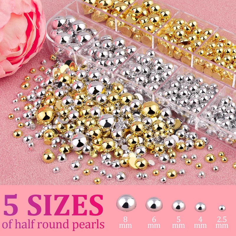 BELLEBOOST Flat Back Pearls Kits, Flatback Half Round Silver Gold Pearls for Bedazzling with Pickup Pencil and Tweezers for Crafting Home DIY and Professional Nail Art, Face Makeup and Craft - Image 2